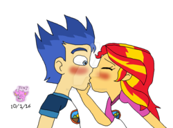 Size: 1024x758 | Tagged: safe, artist:stella-exquisa, flash sentry, sunset shimmer, equestria girls, g4, my little pony equestria girls: legend of everfree, camp everfree outfits, deviantart watermark, female, kissing, male, obtrusive watermark, ship:flashimmer, shipping, straight, watermark