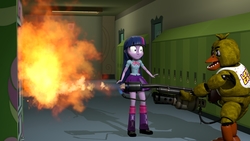 Size: 2773x1560 | Tagged: safe, artist:fazbearsparkle, twilight sparkle, equestria girls, g4, 3d, canterlot high, chica, crossover, drink dispenser, fire, five nights at freddy's, flame thrower, source filmmaker, surprised