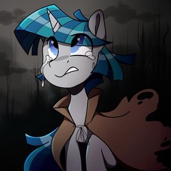 Size: 800x800 | Tagged: safe, artist:crimmharmony, stygian, pony, unicorn, g4, abstract background, bust, cloak, clothes, crying, looking up, male, solo, stallion, teary eyes