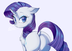 Size: 1016x719 | Tagged: safe, artist:toroitimu, rarity, pony, unicorn, g4, butt, chest fluff, cute, dialogue, dock, female, looking at you, looking back, looking back at you, mare, plot, rearity, simple background, solo, white background