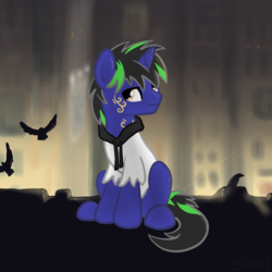 Size: 2100x2100 | Tagged: safe, artist:sjart117, oc, oc only, oc:dust rock, bird, crow, pony, unicorn, building, city, clothes, color change, fillydelphia, high res, hoodie, male, markings, missing accessory, night, rock pony, rocker, sitting, solo, stallion, streetlight