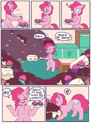 Size: 3109x4172 | Tagged: safe, artist:fatfurparadise, part of a set, pinkie pie, pony, g4, bipedal, cake, candy, comic, cupcake, female, food, sequence, solo, sugarcube corner, sweets, this will end in weight gain