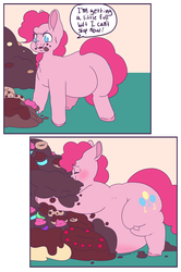 Size: 3000x4516 | Tagged: safe, artist:fatfurparadise, part of a set, pinkie pie, pony, g4, cake, comic, cupcake, fat, female, food, large belly, large butt, messy, messy eating, obese, piggy pie, pudgy pie, solo, weight gain