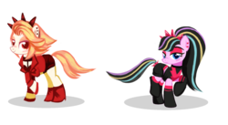 Size: 1612x884 | Tagged: safe, artist:lizzysketch, oc, oc only, oc:hesitant onyx, oc:passionate amber, earth pony, pony, blushing, boots, choker, clothes, duo, ear piercing, earring, eyeshadow, female, headband, high heel boots, jacket, jewelry, leather jacket, makeup, mare, multicolored hair, piercing, raised hoof, raised leg, shoes, shorts, simple background, sleeveless, socks, tail wrap, transparent background