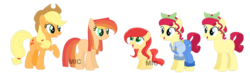 Size: 1600x469 | Tagged: safe, artist:mic-draws, artist:selenaede, artist:strawberry-spritz, applejack, torque wrench, oc, oc:rosie, oc:strawberry, earth pony, pony, g4, rainbow roadtrip, apple wrench, base used, blank flank, clothes, female, filly, freckles, lesbian, magical lesbian spawn, mare, offspring, open mouth, overalls, parent:applejack, parent:torque wrench, parents:apple wrench, rainbowverse, raised hoof, shipping, shirt, simple background, transparent background