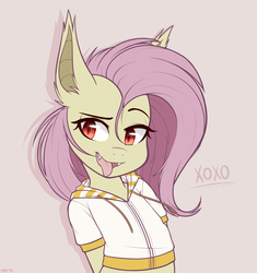 Size: 1412x1500 | Tagged: safe, artist:higglytownhero, fluttershy, bat pony, semi-anthro, g4, bat ponified, clothes, fangs, female, flutterbat, hoodie, looking sideways, mare, midriff, pink background, race swap, sassy, simple background, slit pupils, smiling, solo, tongue out