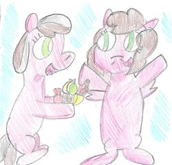 Size: 1027x988 | Tagged: safe, artist:ptitemouette, oc, oc:cheese cake, oc:surprise, pony, female, offspring, parent:cheese sandwich, parent:pinkie pie, parents:cheesepie, siblings, sisters