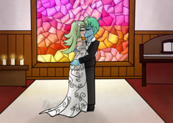 Size: 1400x1000 | Tagged: safe, artist:hoodwinkedtales, captain celaeno, oc, oc:azure glide, human, equestria girls, g4, my little pony: the movie, altar, azurlaeno, candle, canon x oc, church, clothes, commission, dress, embrace, female, humanized, husband and wife, just married, kissing, love, male, marriage, married couple, musical instrument, piano, shipping, stained glass, suit, table, wedding, wedding dress