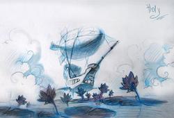 Size: 900x611 | Tagged: safe, artist:holivi, airship, cloud, monochrome, no pony, signature, sketch, traditional art, tree