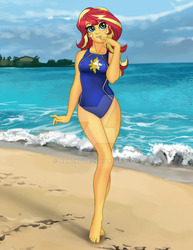 Size: 800x1035 | Tagged: safe, artist:mangapym, sunset shimmer, equestria girls, g4, barefoot, beach, beach babe, clothes, deviantart watermark, feet, female, obtrusive watermark, one-piece swimsuit, solo, swimsuit, watermark