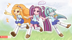 Size: 1920x1080 | Tagged: safe, artist:howxu, adagio dazzle, aria blaze, sonata dusk, equestria girls, g4, clothes, cute, eyes closed, female, food, miniskirt, pigtails, pleated skirt, ponytail, school uniform, shoes, skirt, socks, taco, the dazzlings, thigh highs, trio, twintails, zettai ryouiki