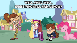 Size: 1024x576 | Tagged: safe, edit, edited screencap, screencap, pinkie pie, earth pony, human, pony, g4, background pony strikes again, crossover, end of ponies, engrish, gravity falls, luan loud, luan loud bullies her counterparts, mabel pines, male, op is a duck, op is trying to start shit, spoilers for another series, star butterfly, star vs the forces of evil, the loud house