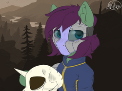 Size: 4743x3543 | Tagged: safe, artist:avery-valentine, oc, oc only, oc:amanda greenworks, pegasus, pony, fallout equestria, bone, clothes, female, jumpsuit, mare, mask, skull, solo, vault suit