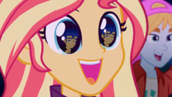 Size: 1280x720 | Tagged: safe, artist:3d4d, edit, screencap, flash sentry, sunset shimmer, equestria girls, equestria girls series, g4, sunset's backstage pass!, spoiler:eqg series (season 2), background human, cropped, eye reflection, female, male, reflection, ship:flashimmer, shipping, straight