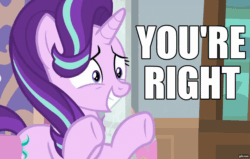 Size: 1700x1080 | Tagged: safe, edit, edited screencap, screencap, starlight glimmer, pony, unicorn, g4, the beginning of the end, animated, anxiety, caption, female, gif, gifs.com, image macro, meme, perfect loop, solo, text, you're right