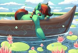 Size: 1024x703 | Tagged: safe, artist:peachmayflower, oc, oc only, oc:forest farseer, earth pony, pony, boat, lilypad, solo, ych result