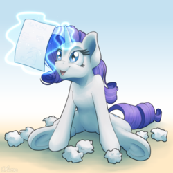 Size: 2000x2000 | Tagged: safe, artist:ohemo, rarity, pony, unicorn, g4, anatomically incorrect, atg 2019, female, glowing horn, happy, high res, horn, human shoulders, magic, mare, newbie artist training grounds, open mouth, paper, smiling, telekinesis, underhoof