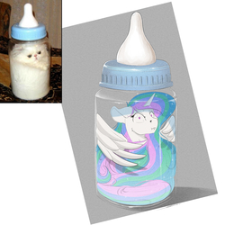 Size: 3000x3000 | Tagged: safe, artist:skitsroom, princess celestia, alicorn, cat, pony, g4, :t, baby bottle, behaving like a cat, bottle, catlestia, female, high res, ponies are liquid, ponified animal photo, pony in a bottle, sillestia, silly, solo, trapped