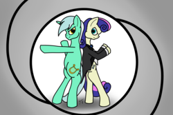 Size: 3000x2000 | Tagged: safe, artist:tunrae, bon bon, lyra heartstrings, sweetie drops, earth pony, pony, unicorn, g4, atg 2019, back to back, background pony, bon bond, bowtie, clothes, crossover, duo, female, high res, james bond, lesbian, mare, newbie artist training grounds, rifling, secret agent sweetie drops, ship:lyrabon, shipping, simple background, standing, tuxedo