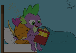 Size: 3035x2150 | Tagged: safe, artist:noidavaliable, smolder, spike, dragon, g4, bed, book, cute, female, high res, hug, male, ship:spolder, shipping, smolderbetes, spikabetes, straight, tail hug, winged spike, wings