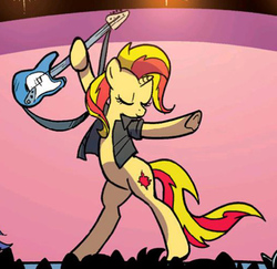 Size: 519x504 | Tagged: safe, artist:pencils, idw, sunset shimmer, pony, unicorn, g4, spoiler:comic, spoiler:comic79, bipedal, clothes, eyes closed, female, guitar, hoof hold, jacket, leather jacket, mare, musical instrument, raised hoof, rock (music), solo, sunset shredder, underhoof