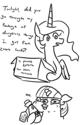 Size: 475x705 | Tagged: safe, artist:jargon scott, princess celestia, twilight sparkle, alicorn, pony, unicorn, g4, 2 panel comic, allergic reaction, allergies, black and white, blatant lies, bone hurting juice, box, comic, dialogue, duo, female, grayscale, hoof hold, horn, lineart, mare, monochrome, oof, pony hurting juice, simple background, swollen, swollen horn, teary eyes, too dumb to live, twiggie, unicorn twilight, white background