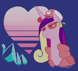 Size: 684x617 | Tagged: safe, artist:jargon scott, princess cadance, alicorn, pony, g4, abstract background, baseball cap, bust, cap, clothes, ear piercing, earring, female, hat, heart, jacket, jewelry, mare, piercing, scan lines, solo, sunglasses, vaporwave