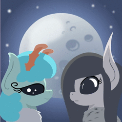 Size: 1080x1080 | Tagged: safe, artist:anonymous, artist:finnanon, oc, oc:birch, oc:minty, monster pony, moth, mothpony, original species, animated, blushing, bug eyes, duo, exclamation point, fluffy, heart, moon, neck fluff, nervous, night, no sound, question mark, romantic, seductive, stars, webm