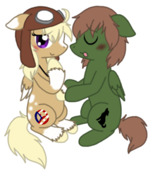 Size: 342x394 | Tagged: artist needed, source needed, safe, oc, pegasus, pony, blushing, bomber hat, cute, eyes closed, female, hoof on belly, jewelry, looking at you, male, necklace, pregnant