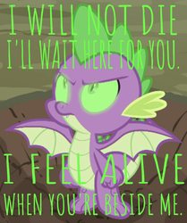 Size: 642x768 | Tagged: safe, edit, edited screencap, editor:undeadponysoldier, screencap, spike, dragon, g4, molt down, angry, badass, caption, confident, cropped, edgy, glowing eyes, green eyes, image macro, looking at you, lyrics, male, solo, song reference, spread wings, talking to viewer, text, three days grace, time of dying, winged spike, wings, word art