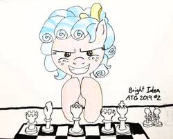 Size: 1626x1309 | Tagged: safe, artist:a-bright-idea, cozy glow, pony, g4, atg 2019, chess, female, gendo pose, grin, newbie artist training grounds, pure concentrated unfiltered evil of the utmost potency, pure unfiltered evil, smiling, solo, traditional art
