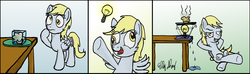 Size: 1920x568 | Tagged: safe, artist:ebbysharp, derpy hooves, pony, g4, atg 2019, cartoon physics, comic, crossed hooves, crossed legs, derp, female, food, frozen, grin, idea, lightbulb, muffin, newbie artist training grounds, signature, smiling, solo