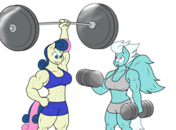 Size: 1512x1120 | Tagged: safe, artist:matchstickman, bon bon, fleetfoot, sweetie drops, earth pony, anthro, g4, abs, armpits, barbell, bon bombastic, breasts, clothes, commission, dumbbells, fleetflex, grin, midriff, muscles, simple background, smiling, sports bra, weight lifting, weights, workout, workout outfit