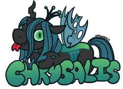 Size: 900x654 | Tagged: safe, artist:darkodraco, queen chrysalis, changeling, changeling queen, g4, badge, derp, female, floppy ears, simple background, slit pupils, smiling, solo, spread wings, tongue out, white background, wings