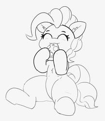 Size: 2838x3272 | Tagged: safe, artist:pabbley, pinkie pie, earth pony, pony, g4, chest fluff, eating, eyes closed, female, food, happy, high res, lineart, mare, monochrome, pizza, simple background, sitting, sketch, smiling, solo, white background