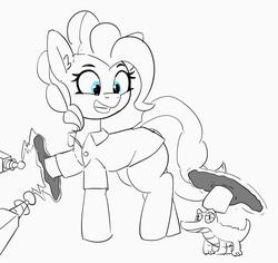 Size: 3003x2839 | Tagged: safe, artist:pabbley, gummy, pinkie pie, alligator, earth pony, pony, g4, clothes, female, high res, lab coat, lineart, mare, monochrome, now you're thinking with portals, partial color, petting, portal, simple background, sketch, smiling, white background