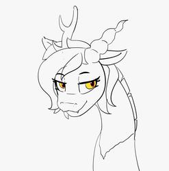 Size: 1961x1984 | Tagged: safe, artist:pabbley, discord, draconequus, g4, eris, fangs, floppy ears, lidded eyes, lineart, monochrome, partial color, rule 63, simple background, sketch, smiling, solo, white background