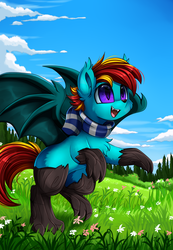 Size: 2343x3395 | Tagged: safe, artist:pridark, oc, oc only, oc:pool shade, bat pony, hengstwolf, hybrid, original species, pony, timber pony, timber wolf, werewolf, bat pony oc, clothes, commission, cute, grass field, high res, male, open mouth, scarf, scenery, solo, species swap, stallion