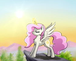 Size: 1000x802 | Tagged: safe, artist:zetamad, princess celestia, alicorn, pony, g4, chest fluff, cliff, concentrating, eyes closed, female, glowing horn, horn, pink-mane celestia, raising the sun, solo, spread wings, wings