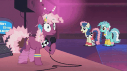 Size: 631x356 | Tagged: safe, artist:mysteryben, bon bon, cheerilee, lyra heartstrings, sweetie drops, earth pony, pony, ponies: the anthology 3, g4, 80's fashion, 80s, 80s cheerilee, 80s hair, animated, bobbing, curly hair, don't start un-believing, don't stop believing, double dipper, faceplant, female, gif, gravity falls, journey (band), karaoke, leg warmers, male, song reference, youtube link, zebra stripes