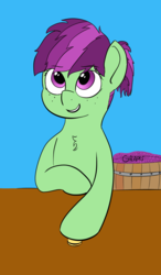 Size: 1151x1967 | Tagged: safe, artist:null serene, oc, oc only, oc:sour grapes, bit, chest fluff, coin, food, freckles, grapes, money