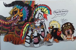 Size: 2902x1896 | Tagged: safe, artist:boyoxhot, pony, barongan, colt, fangs, female, indonesia, kuda lumping, male, mare, mask, ponified, reog, whip