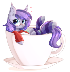 Size: 2763x2838 | Tagged: safe, artist:pesty_skillengton, oc, oc only, oc:andromeda galaktika, bat pony, pony, bat pony oc, blushing, cheek fluff, clothes, cup, cup of pony, cute, cute little fangs, ear fluff, ear tufts, fangs, female, food, glasses, heart, hoodie, looking at you, mare, micro, socks, solo, striped socks, tea