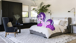 Size: 641x361 | Tagged: safe, artist:an-tonio, editor:undeadponysoldier, starlight glimmer, pony, unicorn, g4, bed, bedroom, bedroom eyes, butt, carpet, chair, clothes, female, irl, looking at you, lying down, lying on bed, mare, photo, pillow, plant, plot, ponies in real life, prone, rug, socks, stockings, striped socks, thigh highs, window