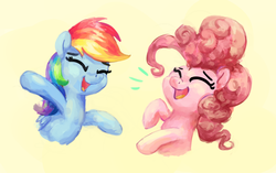 Size: 3649x2287 | Tagged: safe, artist:aemuhn, pinkie pie, rainbow dash, earth pony, pegasus, pony, g4, atg 2019, duo, eyes closed, high res, newbie artist training grounds, simple background, yellow background