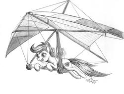 Size: 2800x2128 | Tagged: safe, artist:benjik, artist:benjik_, scootaloo, pegasus, pony, g4, atg 2019, crying, female, filly, hang glider, hang gliding, high res, monochrome, newbie artist training grounds, simple background, solo, tears of joy, traditional art, white background
