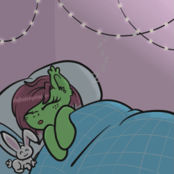 Size: 849x849 | Tagged: safe, artist:lannielona, oc, oc only, oc:watermelon success, pony, rabbit, animal, animated, bed, fairy lights, female, gif, mare, pillow, plushie, sleeping, snoring, solo