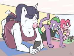 Size: 1000x750 | Tagged: safe, artist:doggonepony, gummy, pinkie pie, rarity, spike, anthro, plantigrade anthro, g4, barefoot, break, breasts, bubblegum, busty pinkie pie, busty rarity, cellphone, crying, feet, female, food, gum, male, phone, ship:sparity, shipping, smartphone, straight, yoga