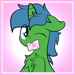 Size: 3244x3244 | Tagged: dead source, safe, artist:php142, oc, oc only, oc:alope ruby aspendale, pony, unicorn, blue eyes, blue mane, chest fluff, cute, green fur, high res, love, male, one eye closed, solo