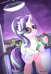 Size: 2200x3200 | Tagged: safe, artist:rivin177, starlight glimmer, pony, unicorn, g4, bipedal, clothes, ear piercing, earring, female, high res, jacket, jewelry, night, piercing, solo, spotlight, streetlight, sunglasses